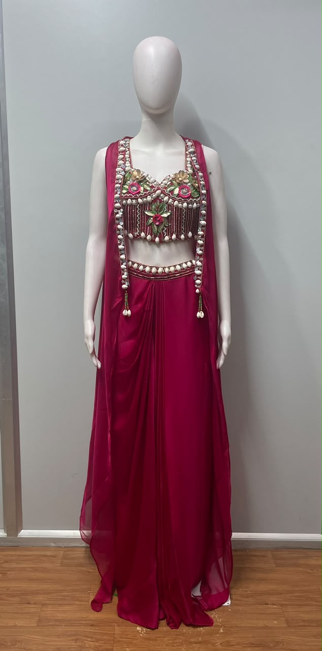 Rani Pink Pearl Floral Draped Saree Set - detail view