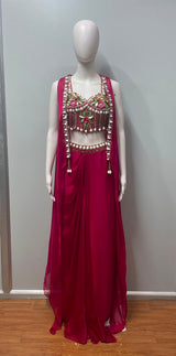 Rani Pink Pearl Floral Draped Saree Set - detail view