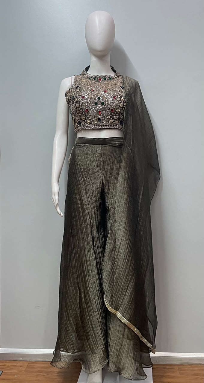 Olive Gold Embroidered Palazzo Drape Set