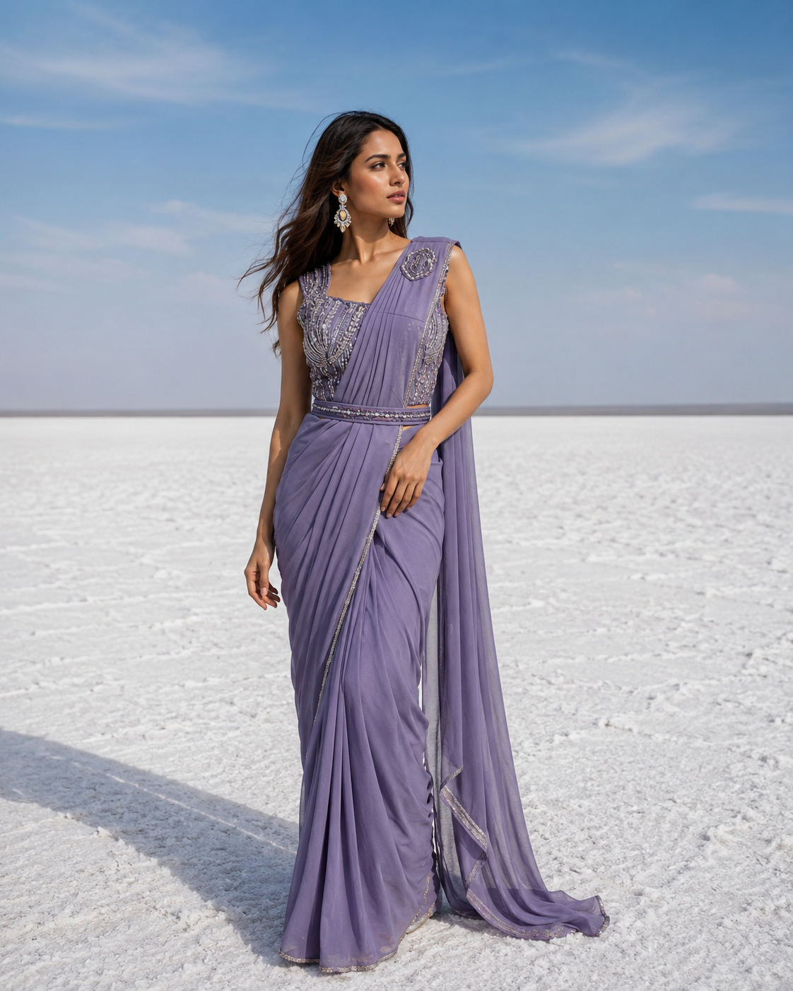 Mauve Silver Draped Saree Set