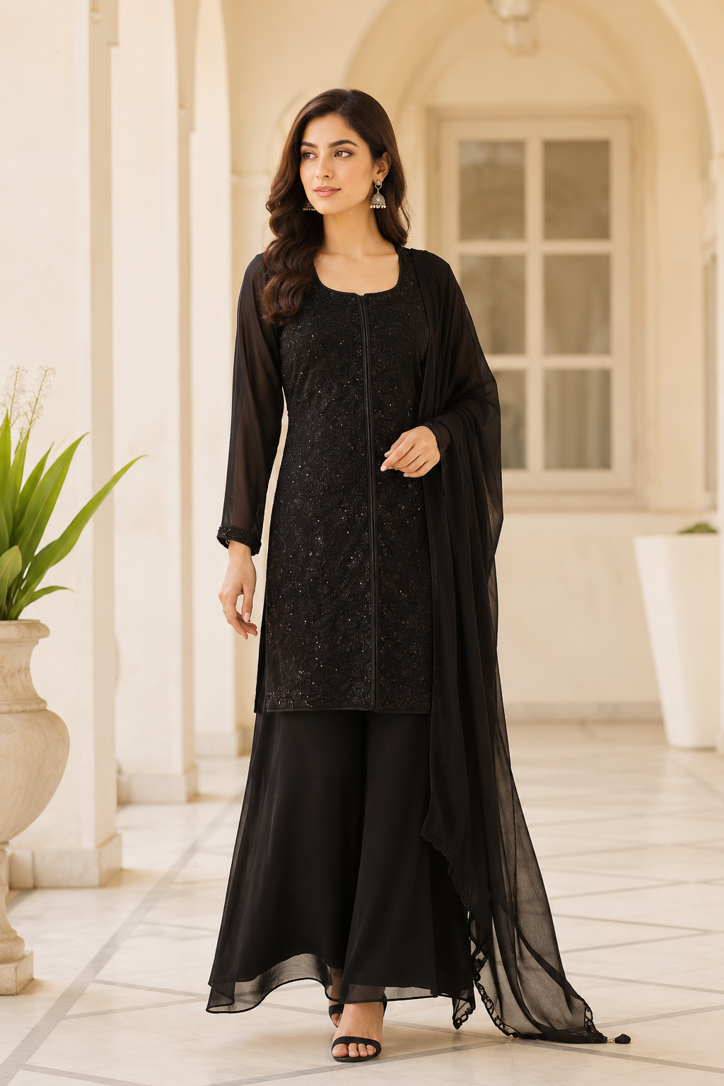 Noir Sequin Embroidered Palazzo Couture Ensemble