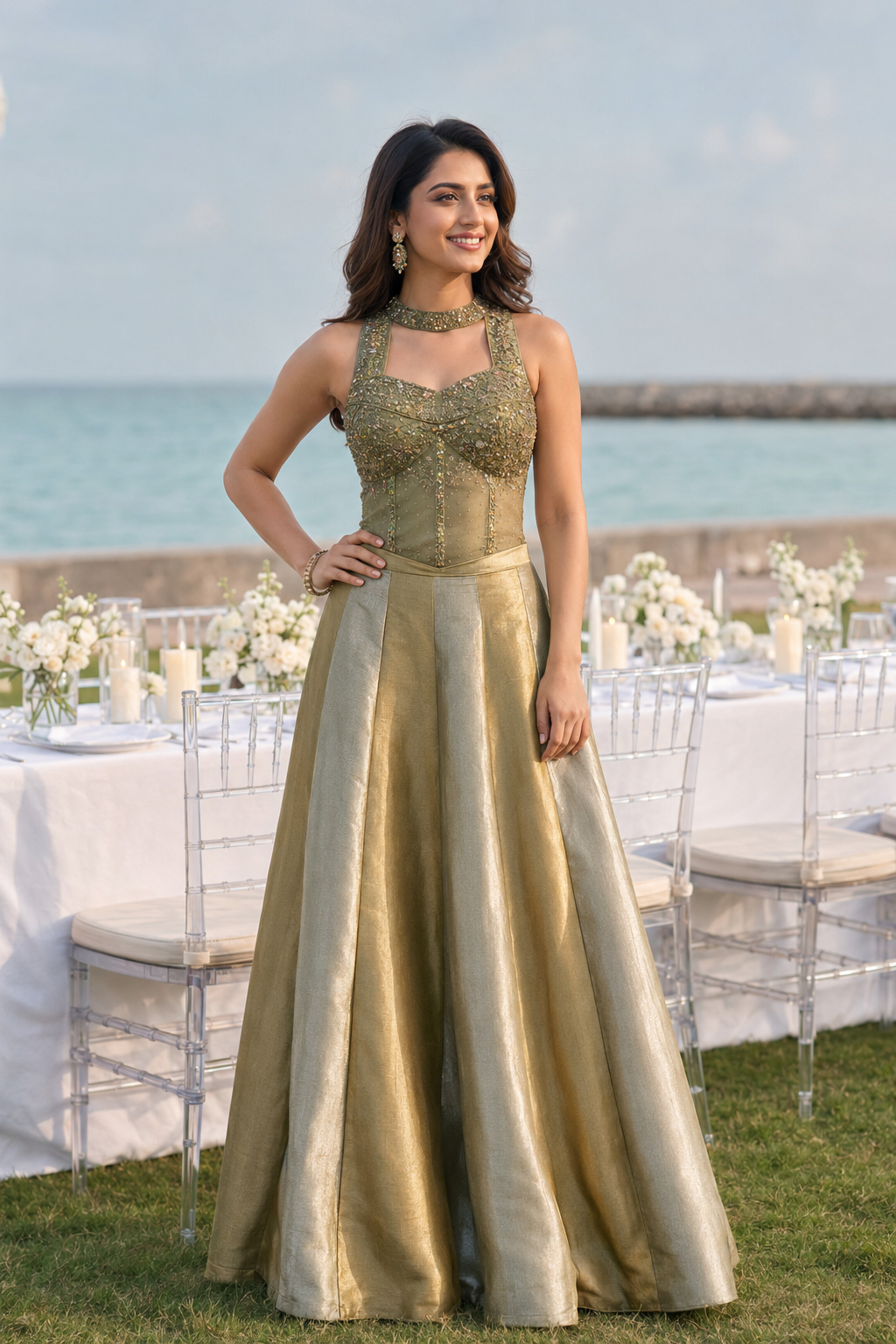 Olive Gold Embellished Corset Palazzo Set
