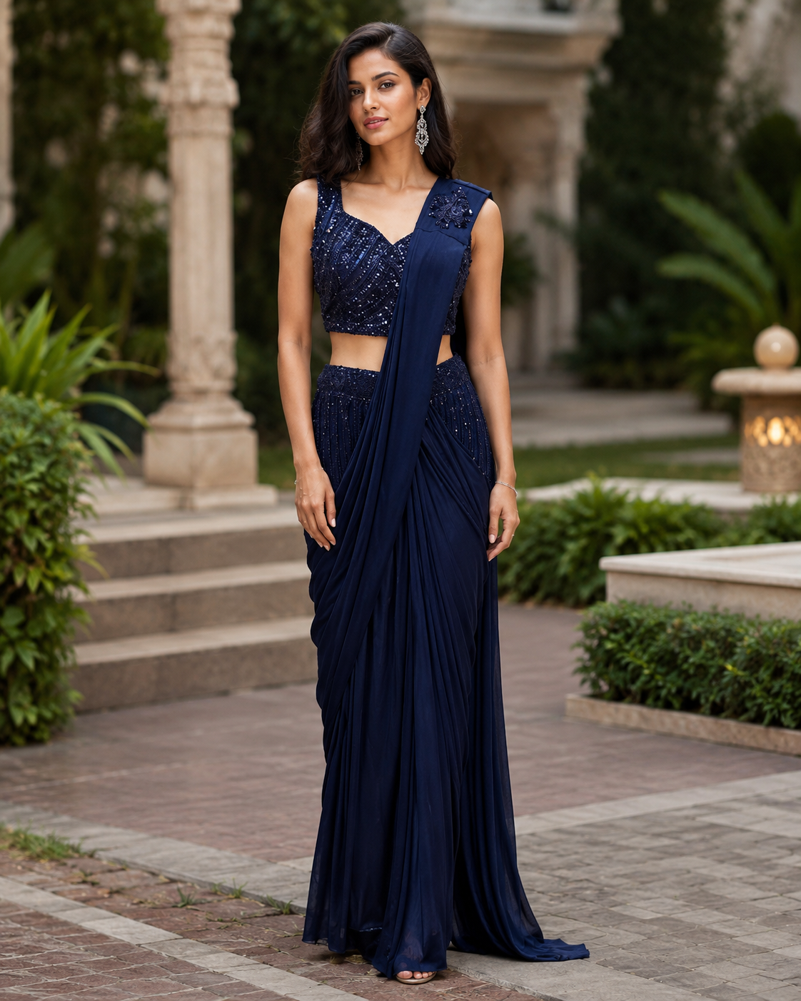 Midnight Navy Sequin Draped Saree Set