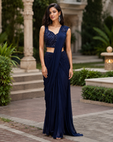 Midnight Navy Sequin Draped Saree Set