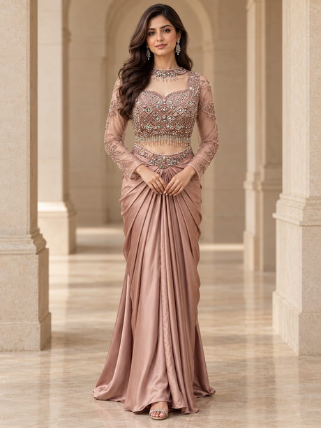Smoky rose crystal draped skirt set with sheer sleeves and jewelled bodice