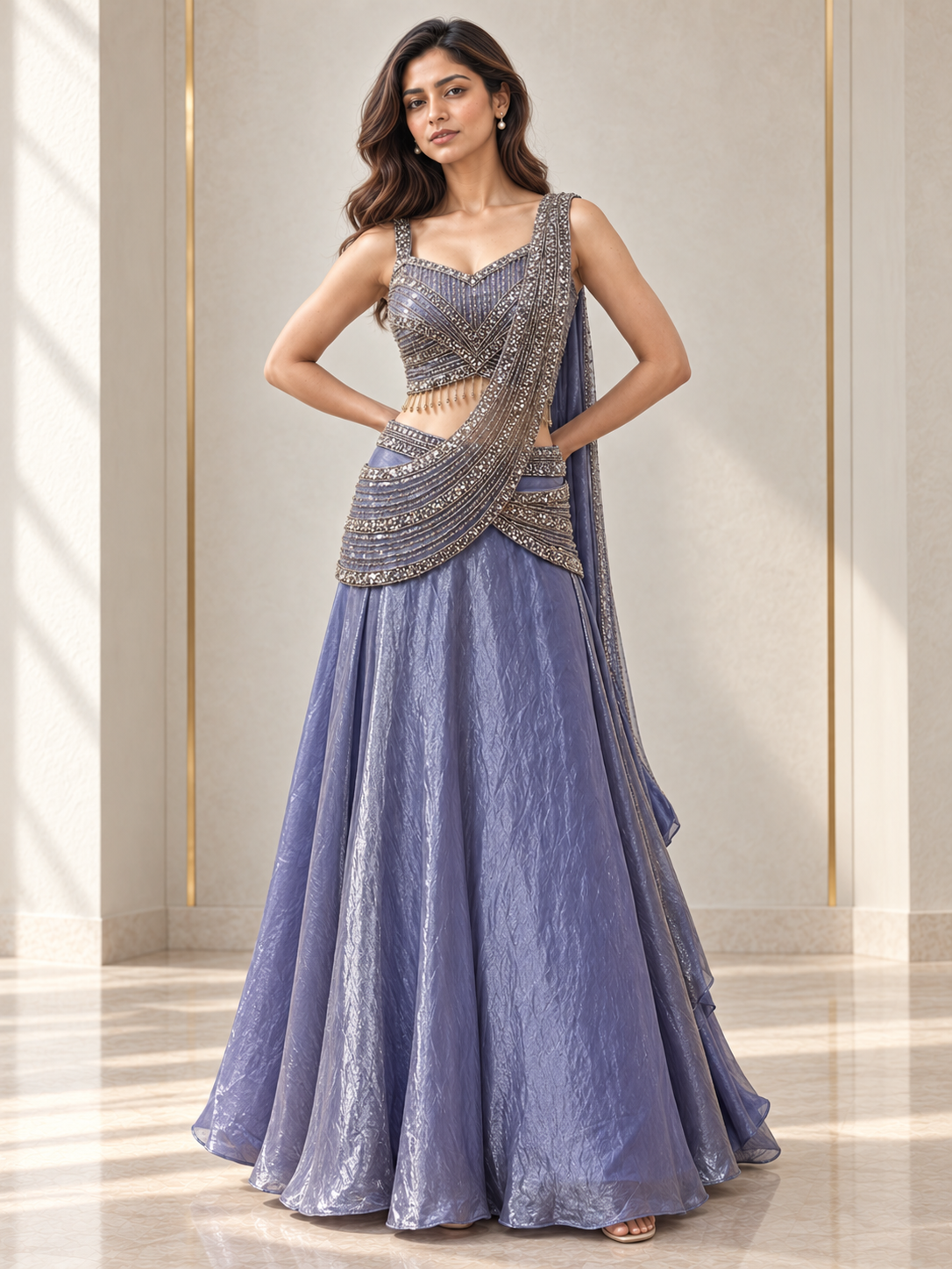 Dusty Lavender Silver Crystal Jewel Draped Lehenga Set