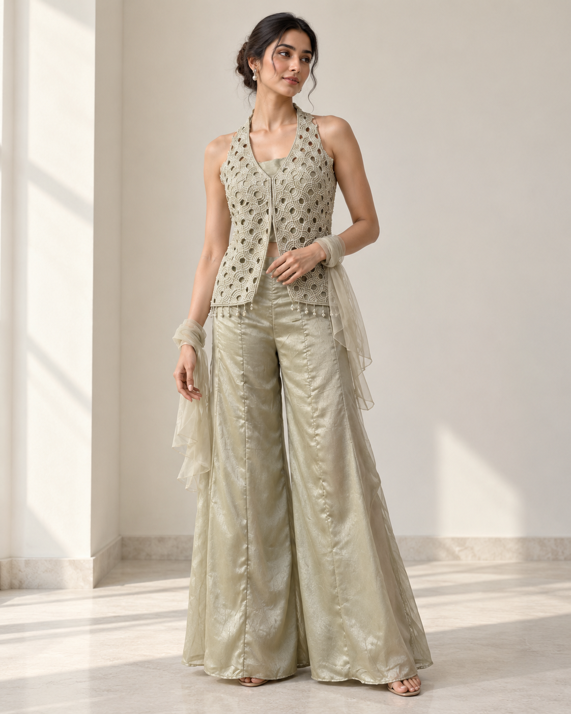 Champagne Sage Pearl Cutwork Palazzo Set