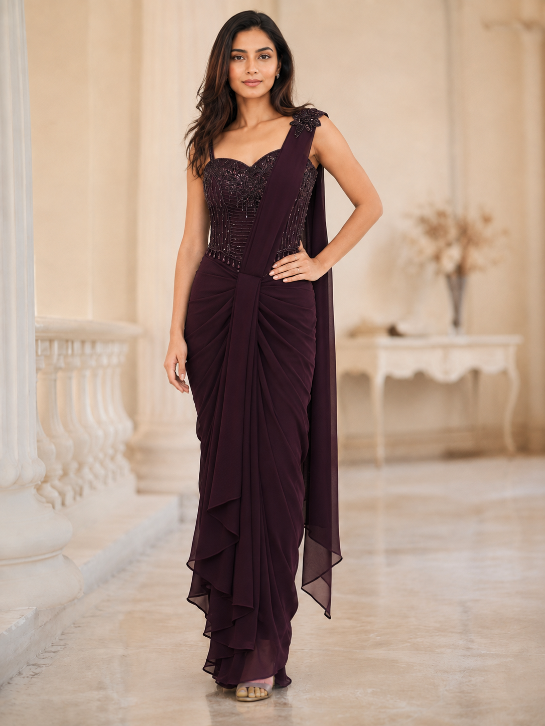 Maroon Corset Draped Saree Set