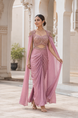 Dusty Rose Gold Embellished Draped Skirt Set