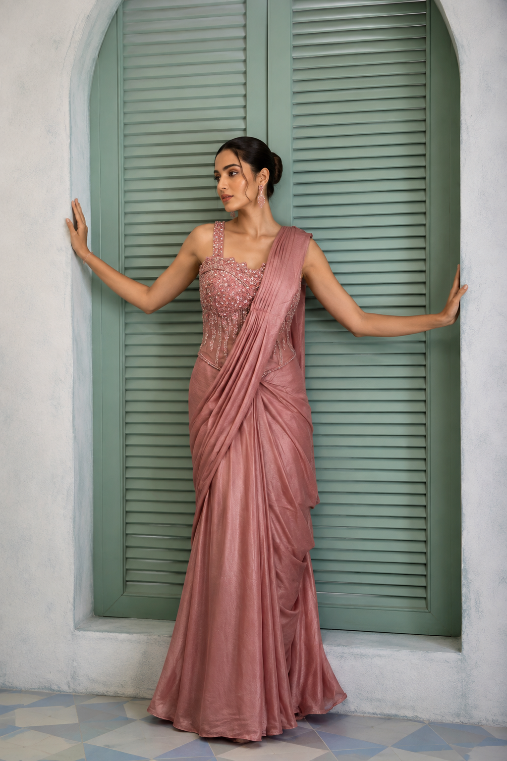 Rose Pink Sequin Corset Draped Saree Set