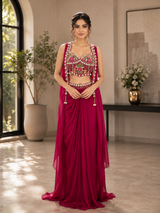 Rani Pink Pearl Floral Draped Saree Set