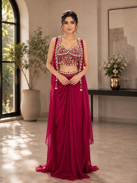 Rani Pink Pearl Floral Draped Saree Set