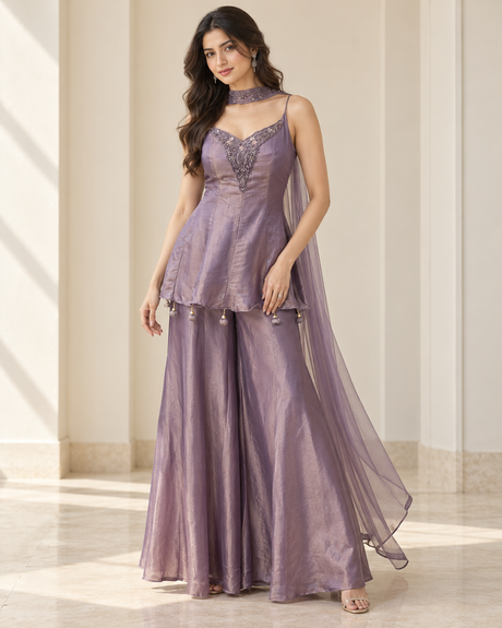 Smoky lavender palazzo set with silver jewel longline top and wide-leg pants
