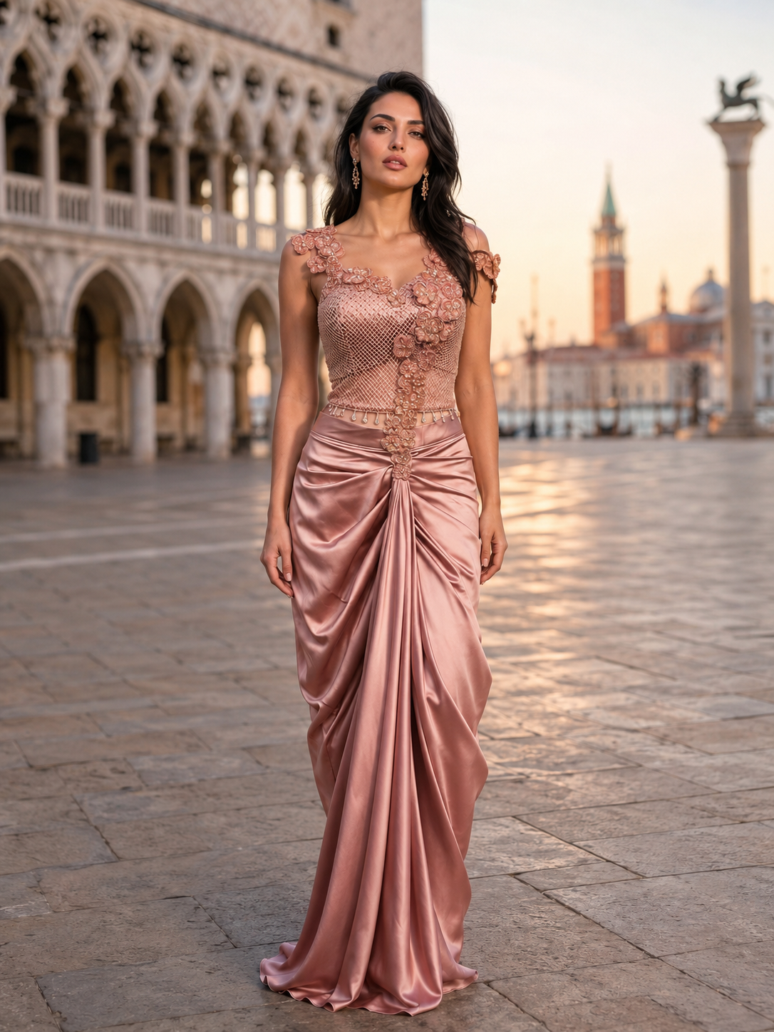 Rose Copper Floral Draped Saree Set