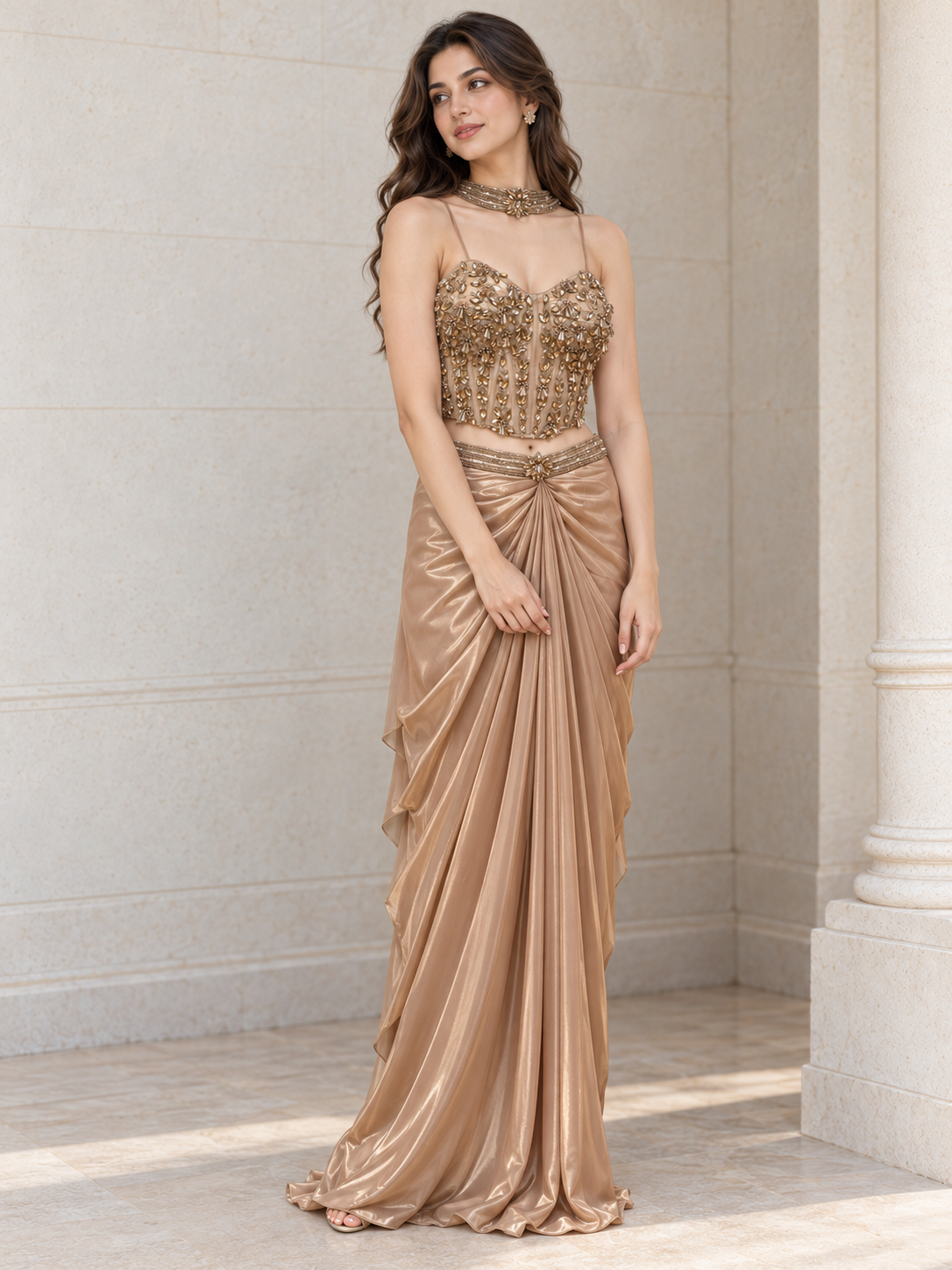 Champagne Gold Jewel Corset Draped Skirt Set