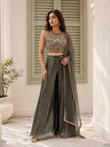 Olive Gold Embroidered Palazzo Drape Set