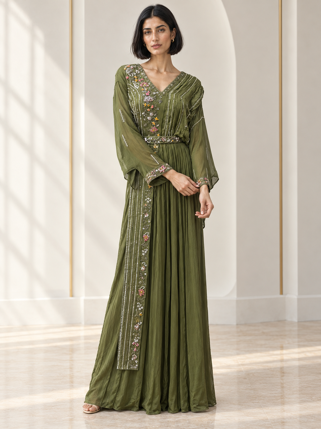Olive Green Multicolor Floral Embroidered Draped Gown