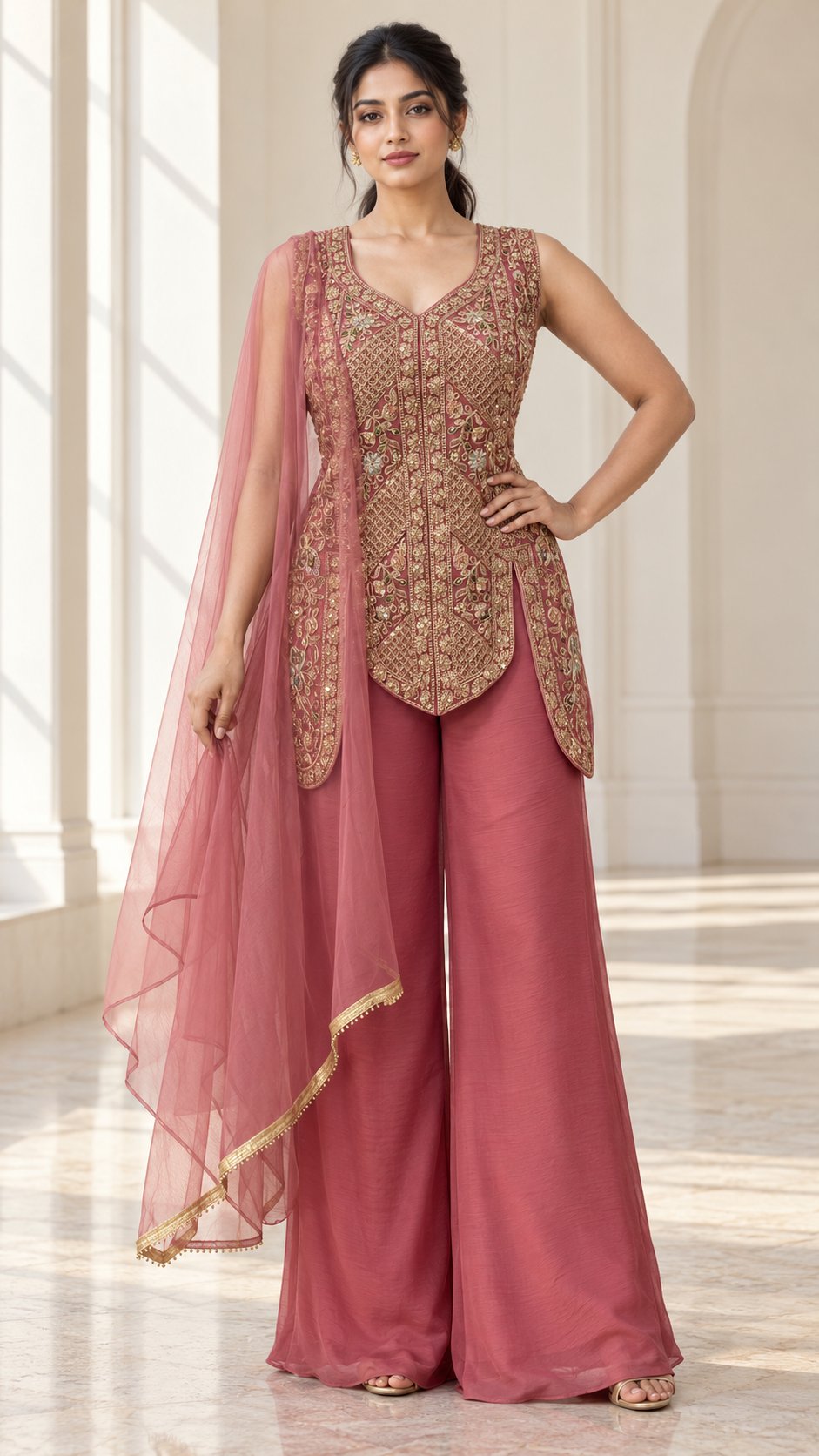 Dusty Rose Antique Gold Floral Longline Palazzo Set