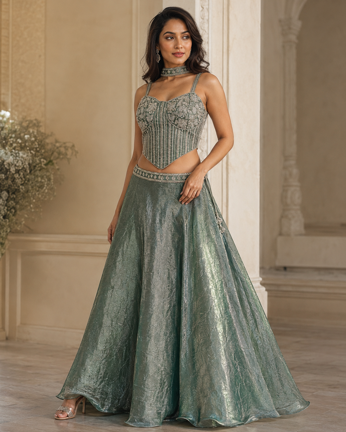 Sage Silver Crystal Corset Lehenga Ensemble
