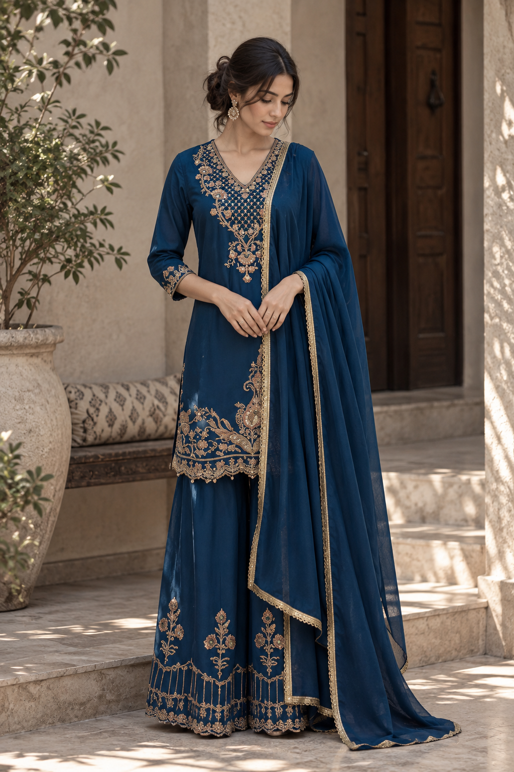 Deep Teal Antique Gold Floral Palazzo Set