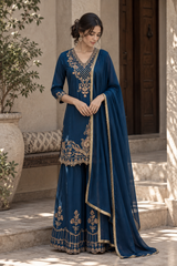 Deep Teal Antique Gold Floral Palazzo Set