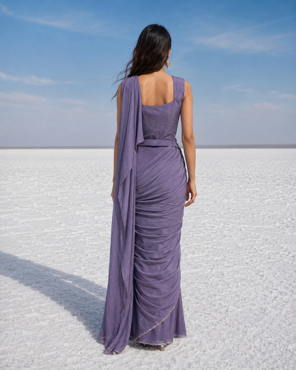 Mauve Silver Draped Saree Set