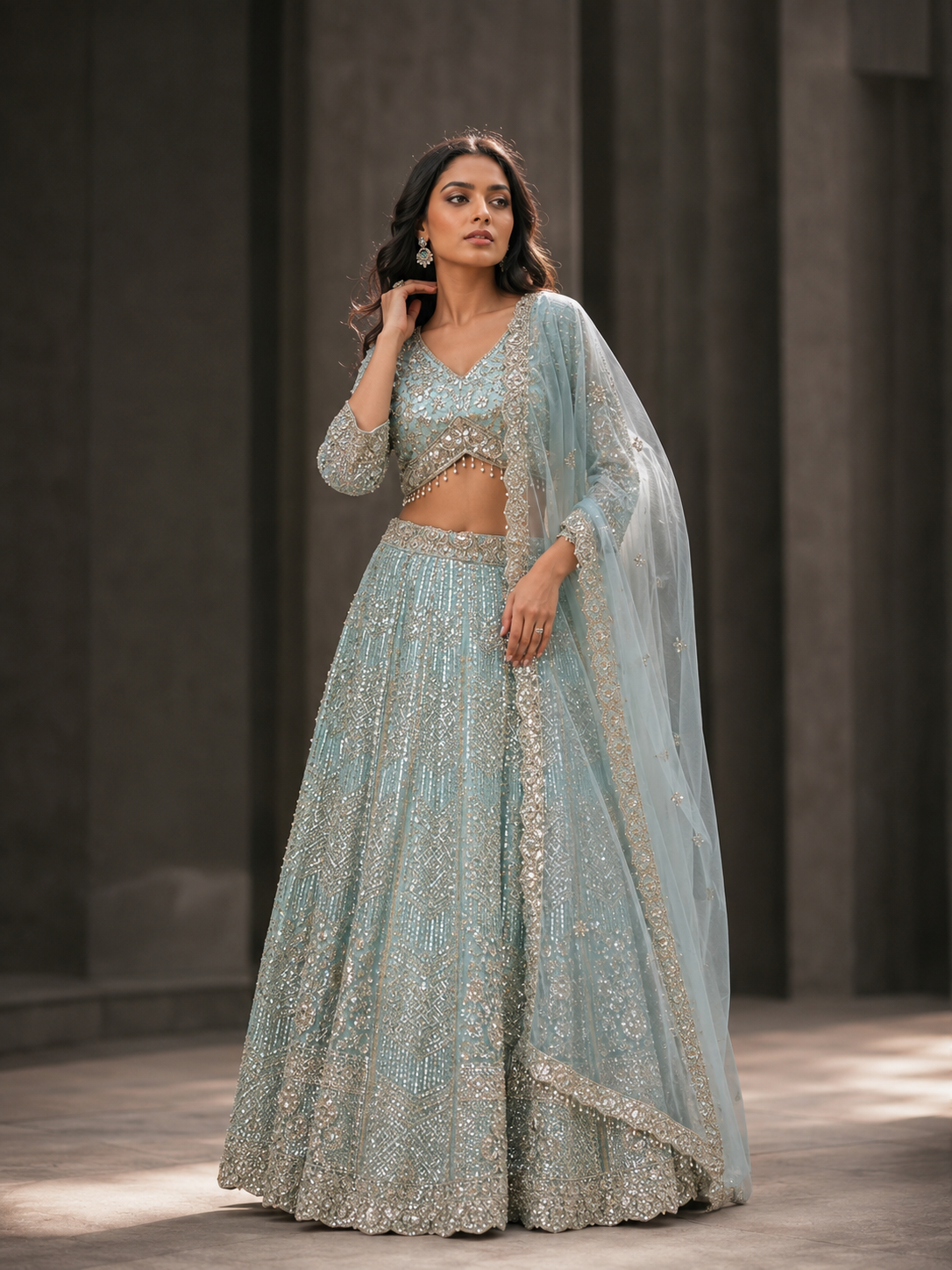 Aqua Champagne Embroidered Lehenga Couture Set