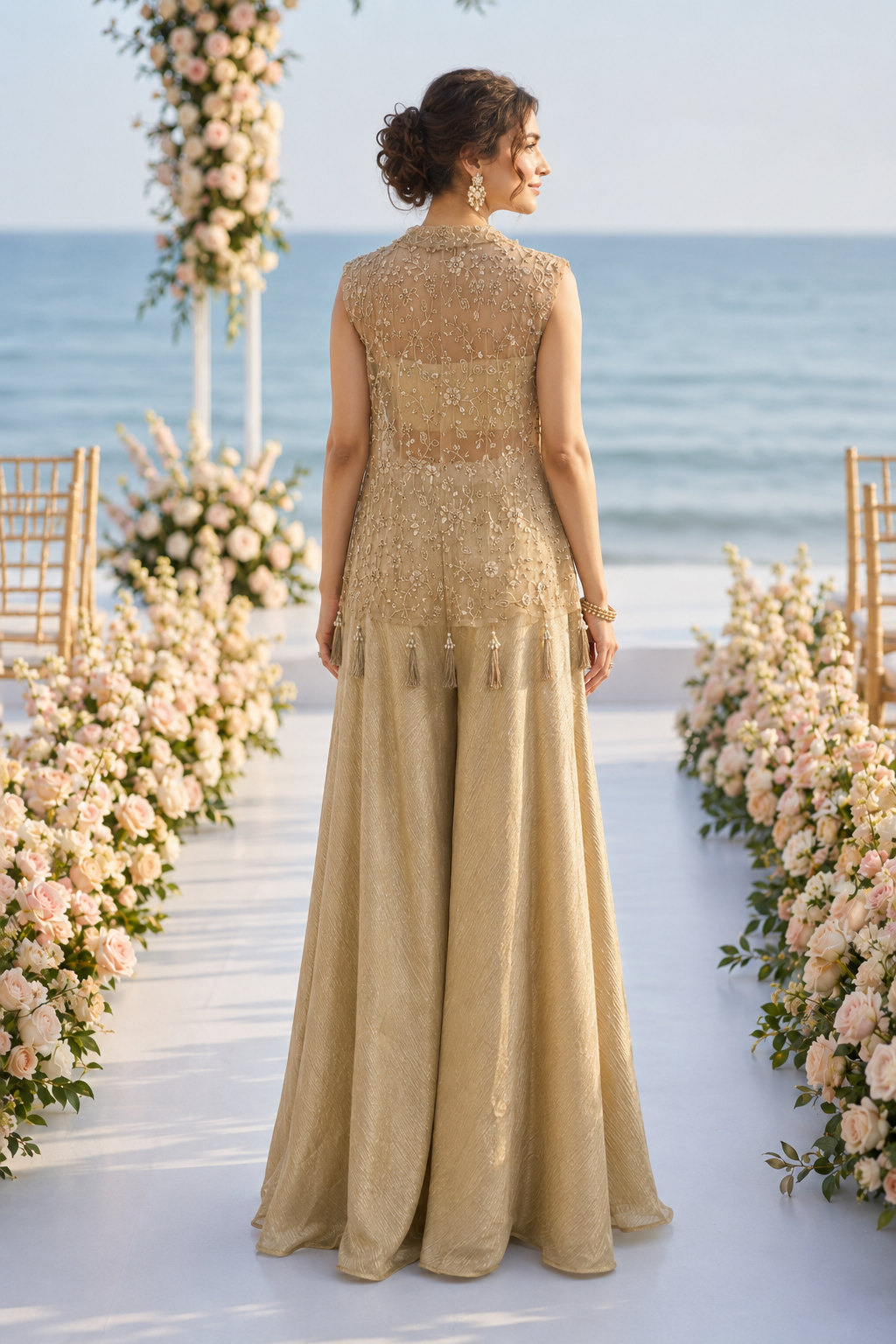 Champagne Embroidered Jacket Palazzo Set