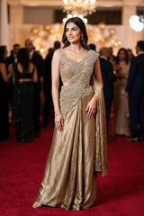Champagne Appliqué Draped Saree Set