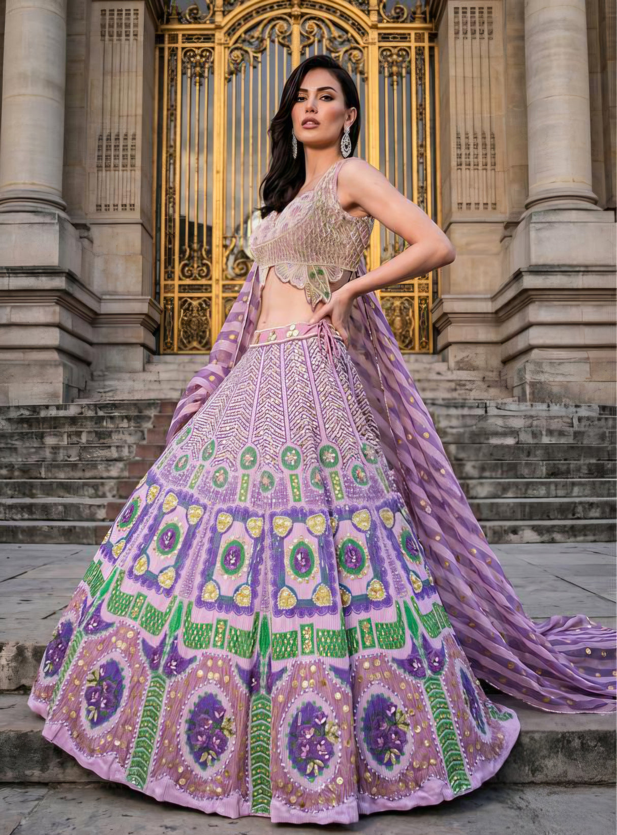 Lavender Green Mirror Work Lehenga Ensemble