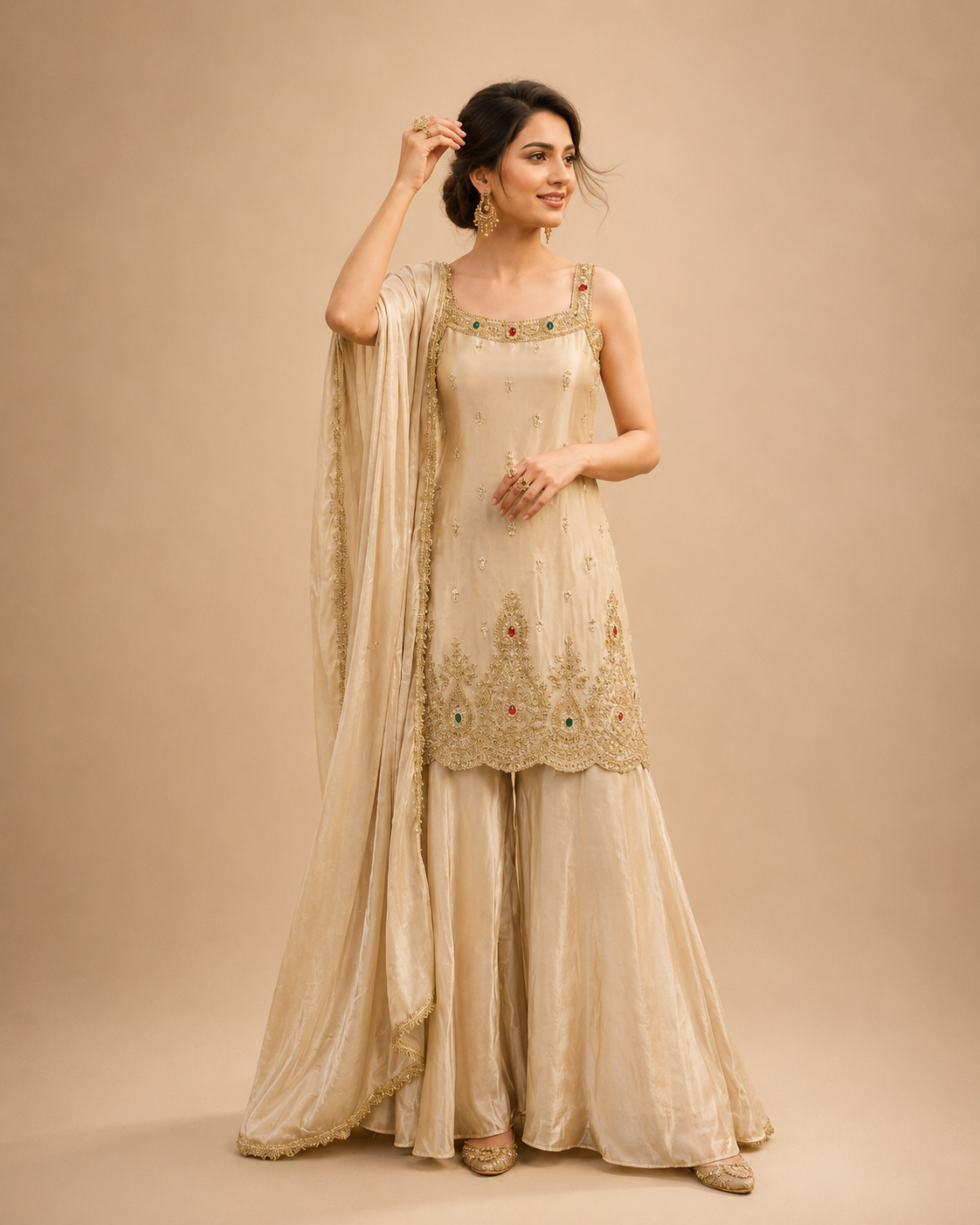 Champagne Jewel Embroidered Sharara Suit Set