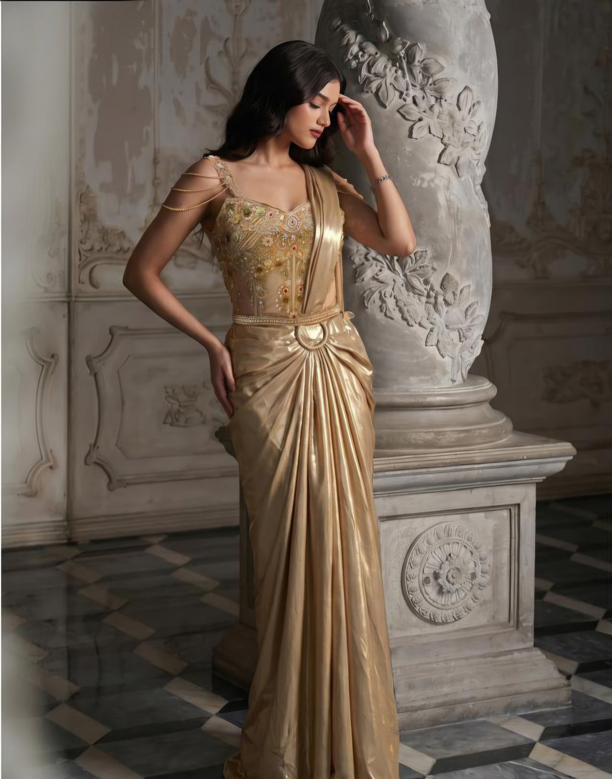 Champagne Sculpt Drape Saree Couture Ensemble
