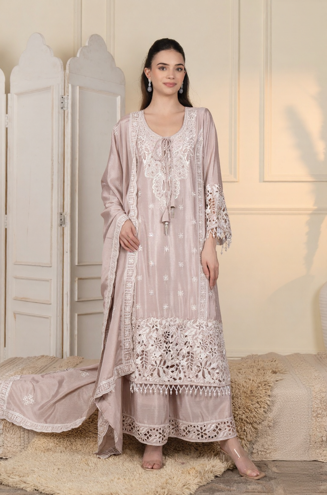 Dusty Rose Lace Embroidered Classic Suit