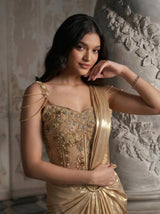 Champagne Sculpt Drape Saree Couture Ensemble