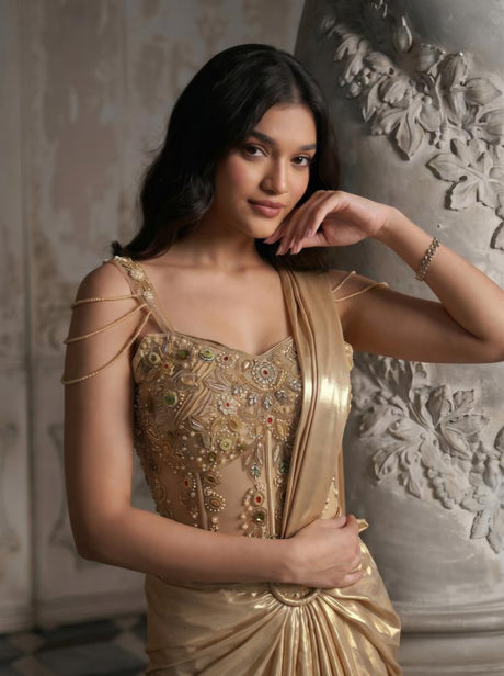 Champagne Sculpt Drape Saree Couture Ensemble