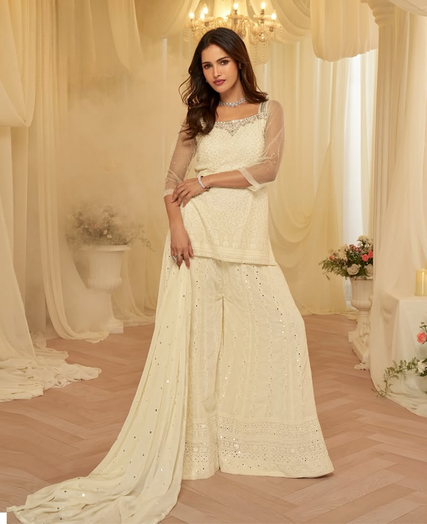 Ivory Elegance Embroidered Kurta with Sharara Set