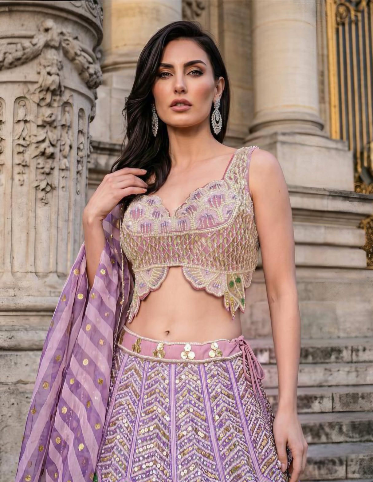 Lavender Green Mirror Work Lehenga Ensemble