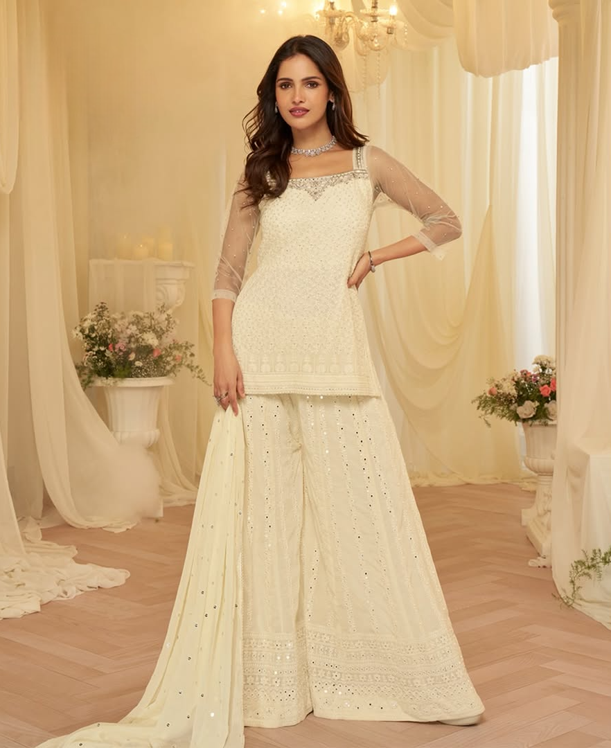 Ivory Elegance Embroidered Kurta with Sharara Set