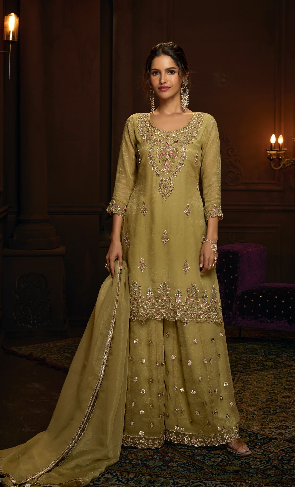 Olive Gold Embroidered Sharara Suit Set