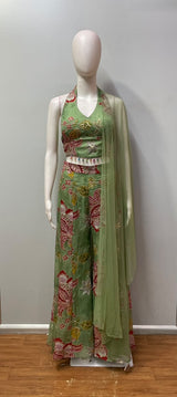 Pista Green Floral Halter Crop Palazzo Set