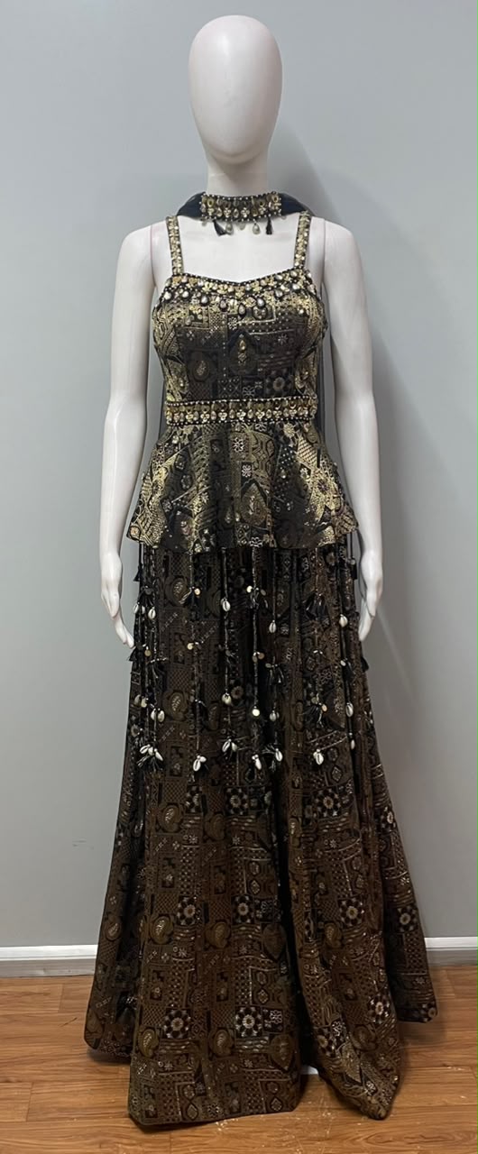 Noir Antique Gold Embroidered Peplum Lehenga Set