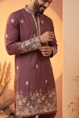 Dusty wine paisley kurta set with matching trousers and floral cuffs, full view