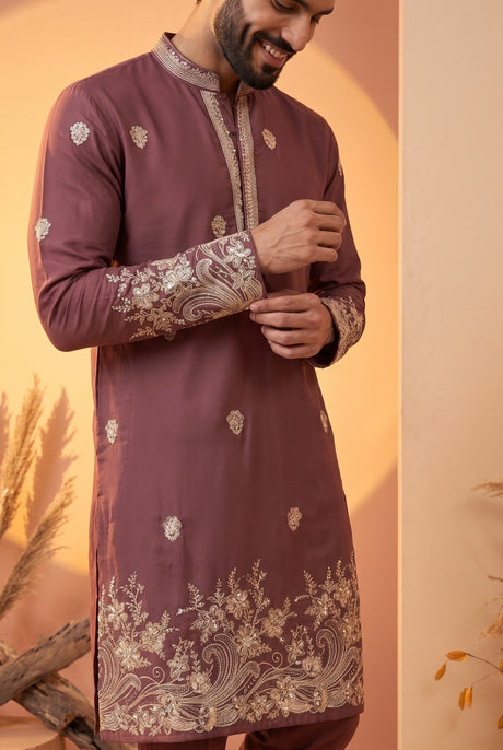 Dusty wine paisley kurta set with matching trousers and floral cuffs, full view