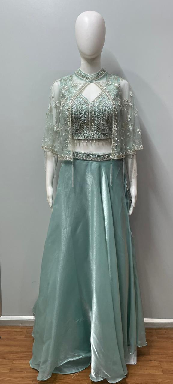 Mint Pearl Cape Lehenga Set