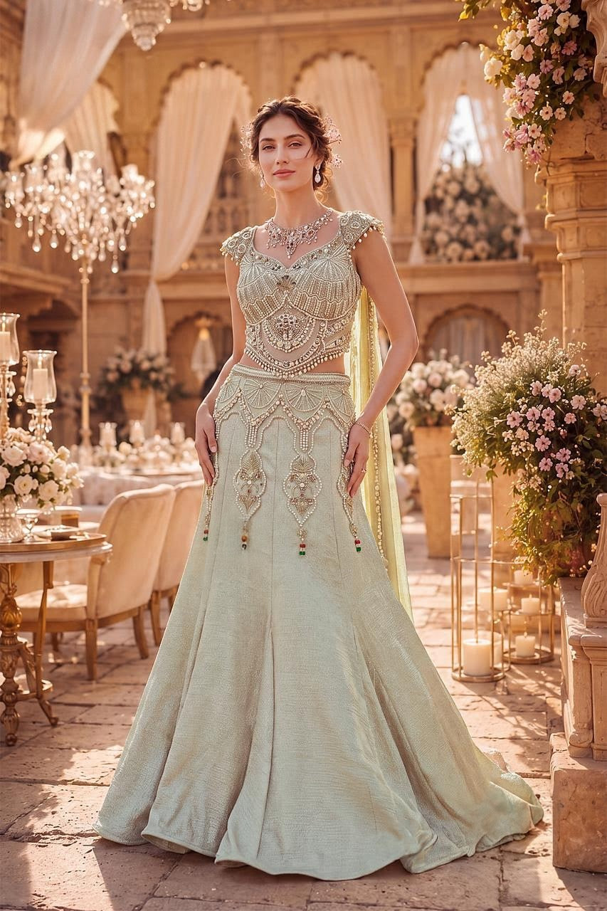 Ice Mint Pearl Jewel Mermaid Lehenga Set