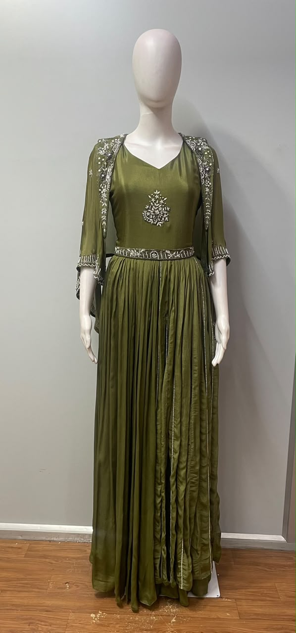 Moss Olive Silver Floral Jacket Gown Set