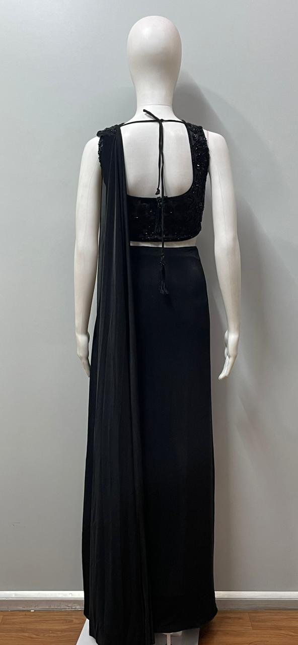 Black sequin pre-draped saree set from a second angle