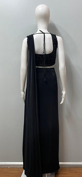 Black sequin pre-draped saree set from a second angle