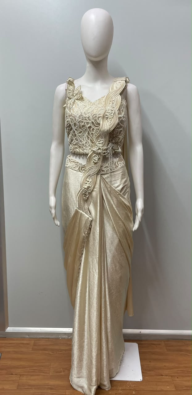 Champagne Appliqué Draped Saree Set