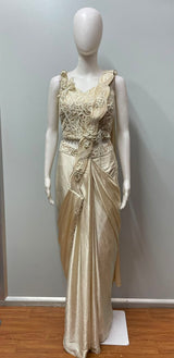 Champagne Appliqué Draped Saree Set